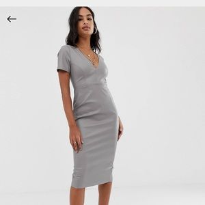 ASOS faux leather body con midi dress gray deep v